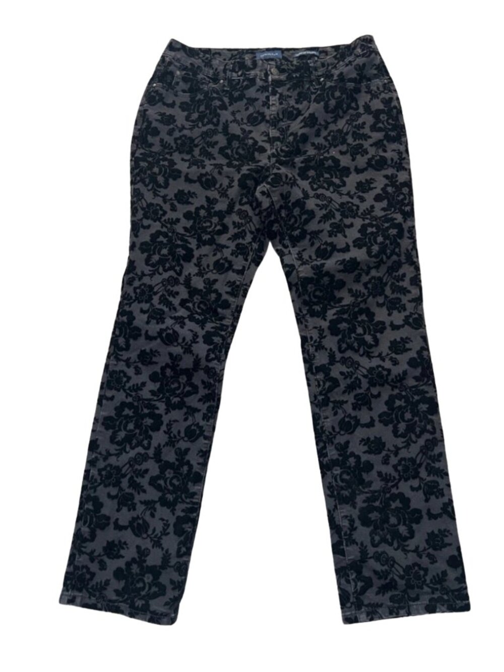 Charter Club Women's Lexington Black Velvet-Flocked Floral Pattern Jeans Size 14
